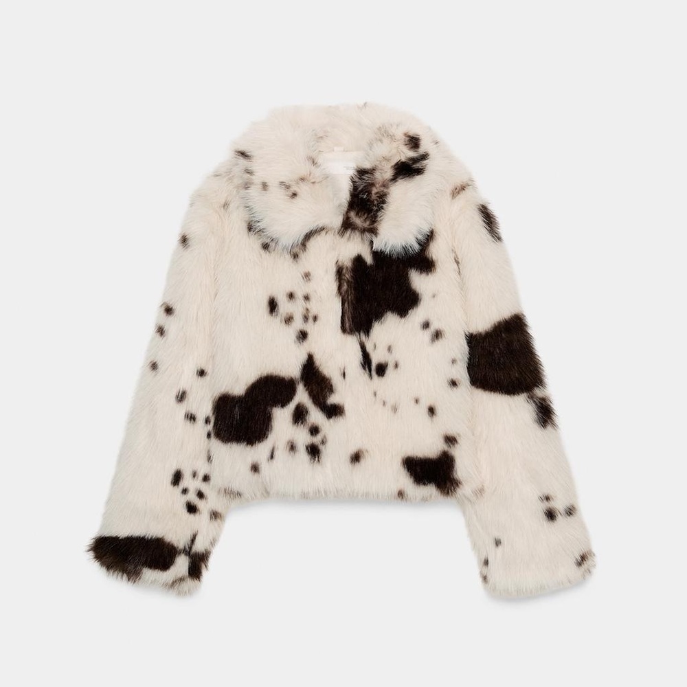 Zara Faux Fur Cropped Jacket White with Brown Spots Cow Print Coat